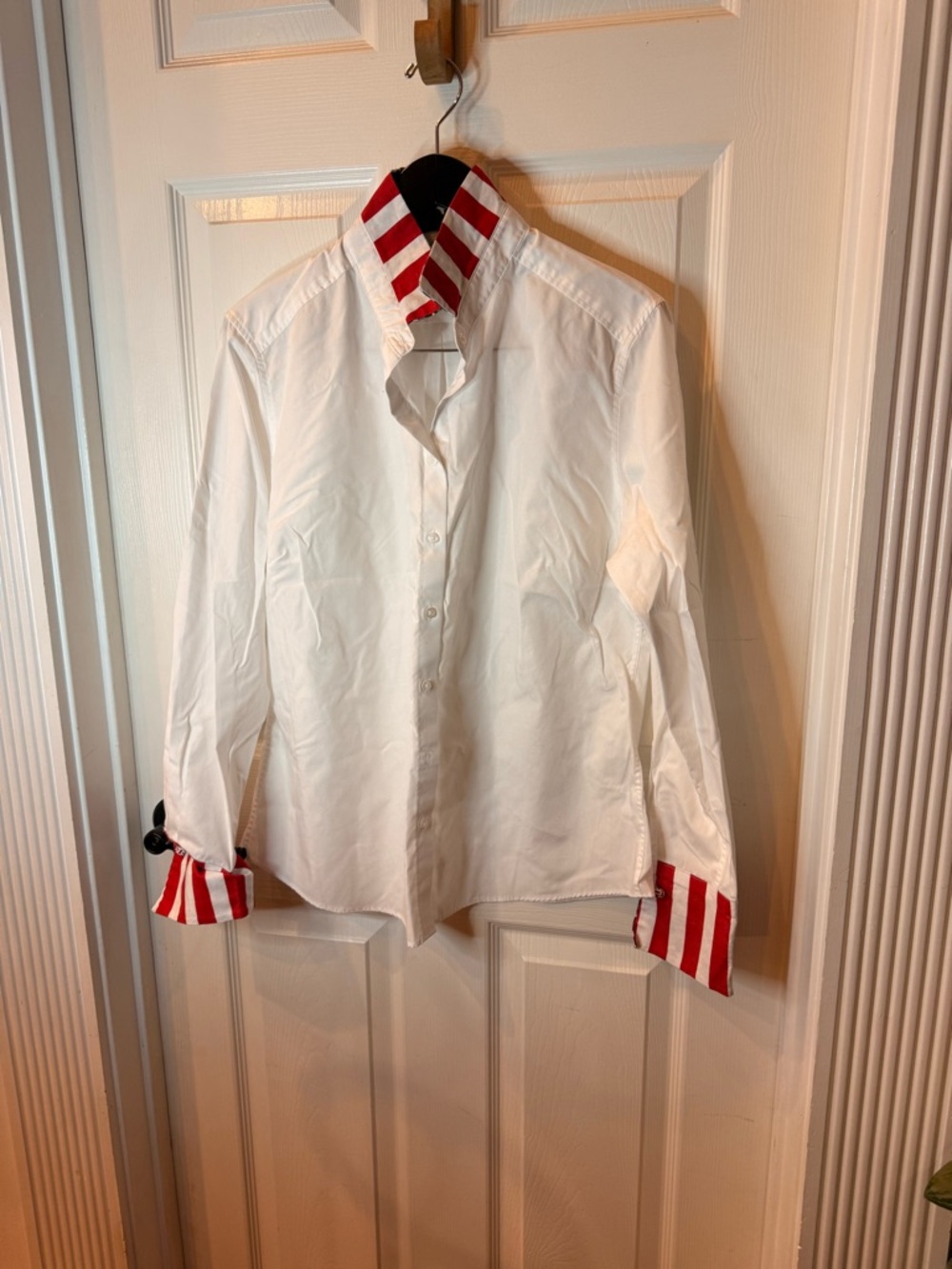 White  Button-Up Shirt with Red Stripe Collar & Cuff reversible with leopard
